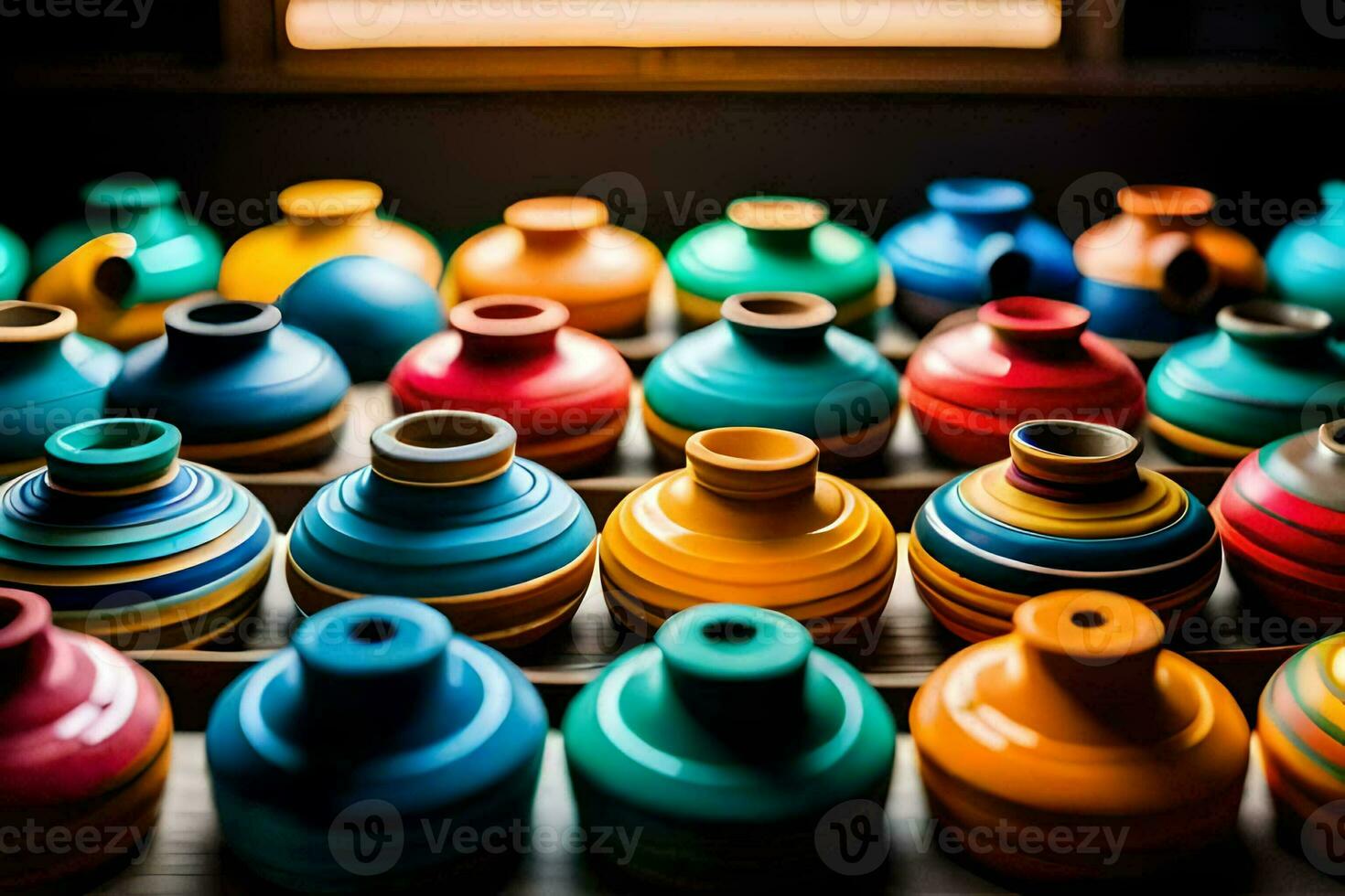 colorful vases are lined up in a row. AI-Generated photo