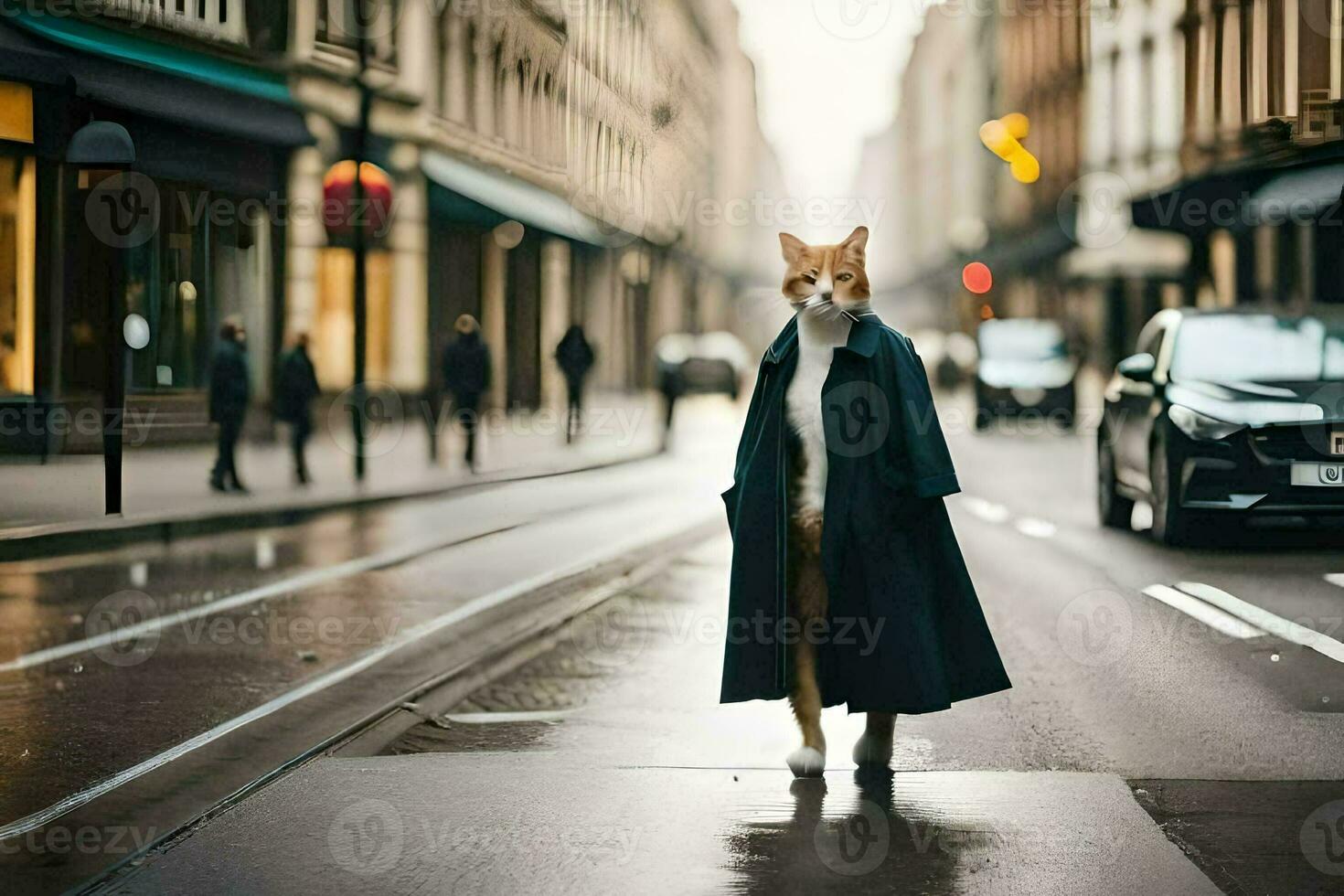 a cat in a coat standing on the street. AI-Generated photo