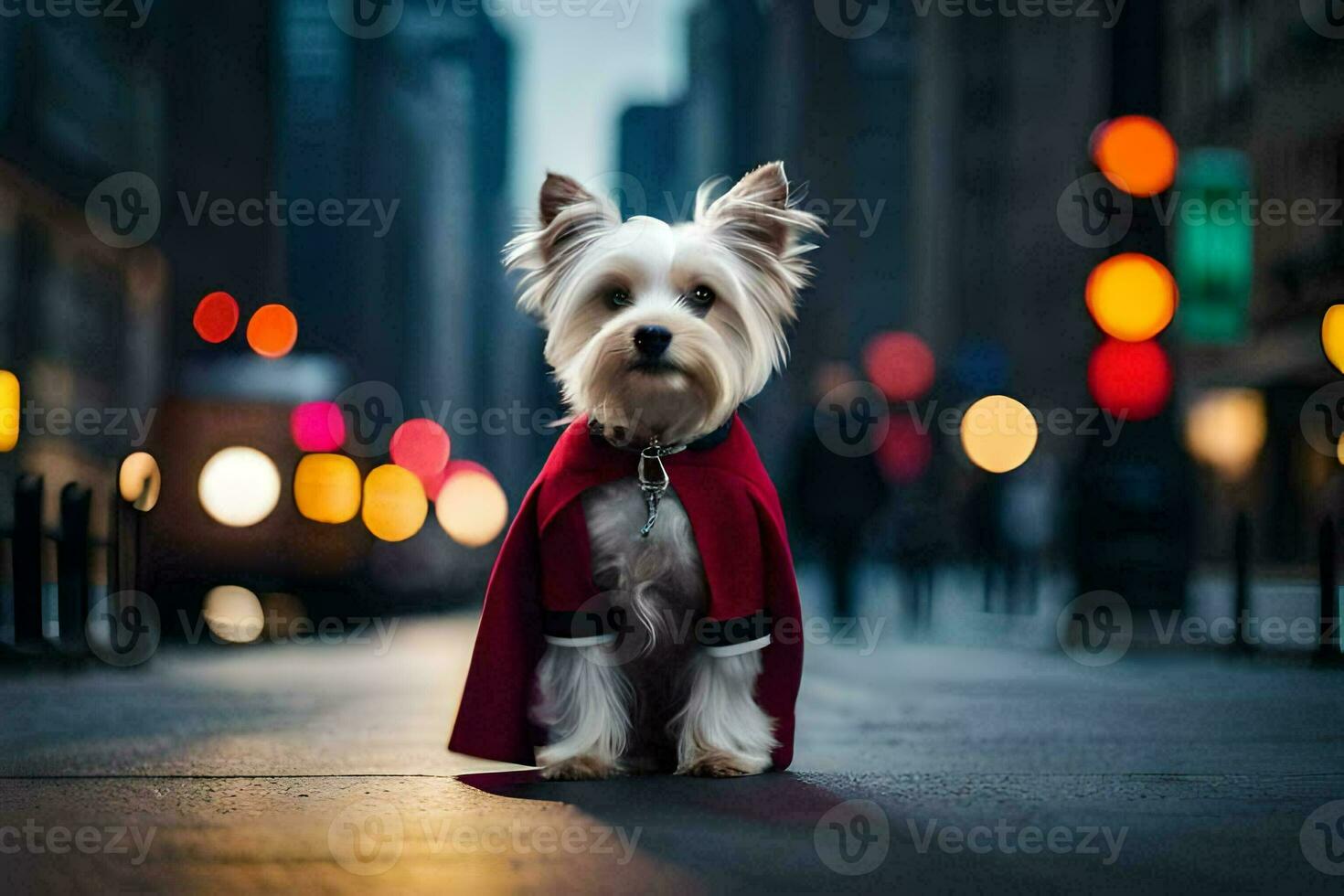 a small white dog wearing a red cape on the street. AI-Generated photo