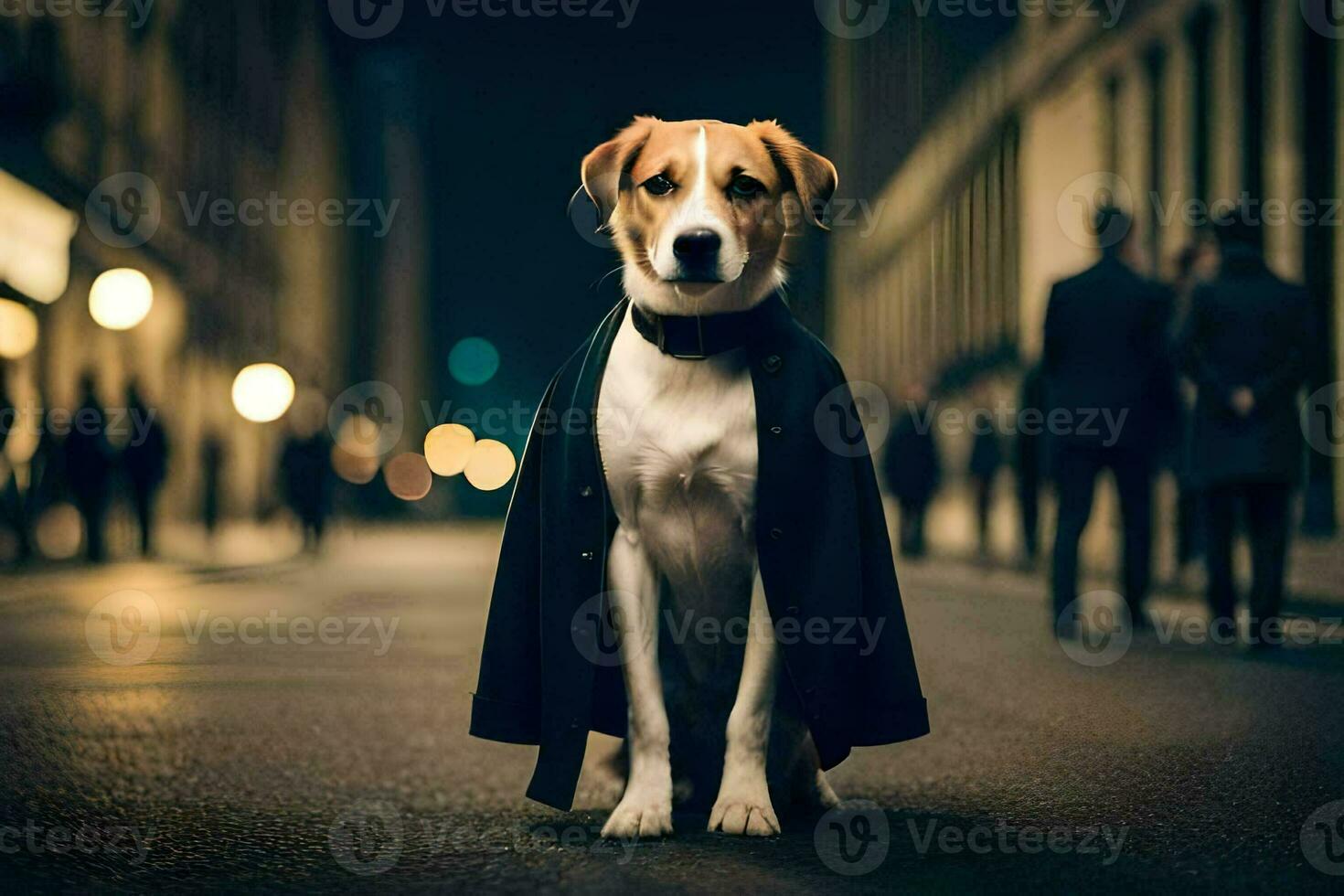 a dog wearing a coat and tie standing on the street. AI-Generated photo