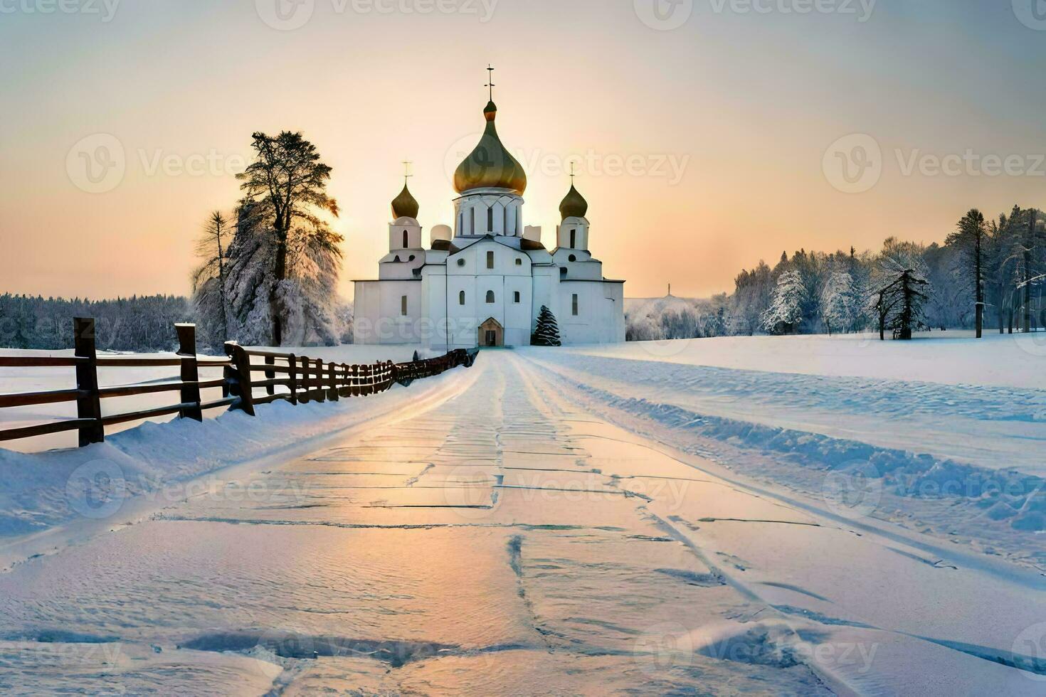 a snowy road leads to a church in the winter. AI-Generated photo