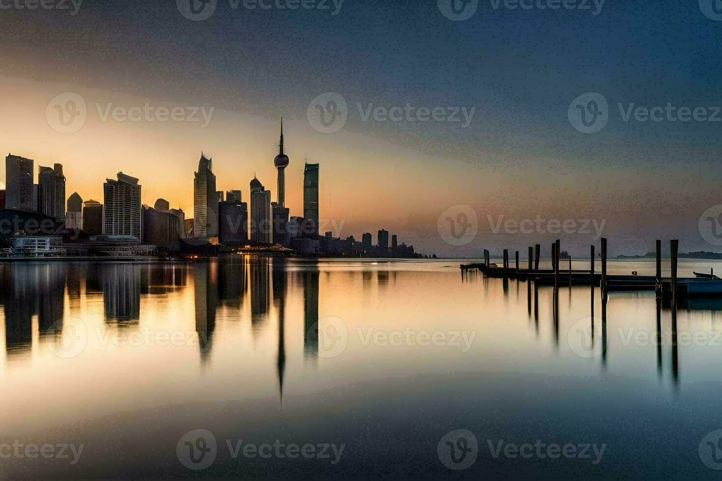 the city skyline is reflected in the water at sunset. AI-Generated photo
