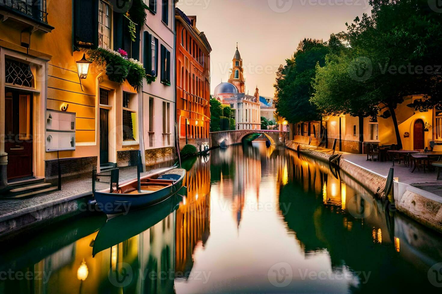 a canal in a city at sunset with boats. AI-Generated photo