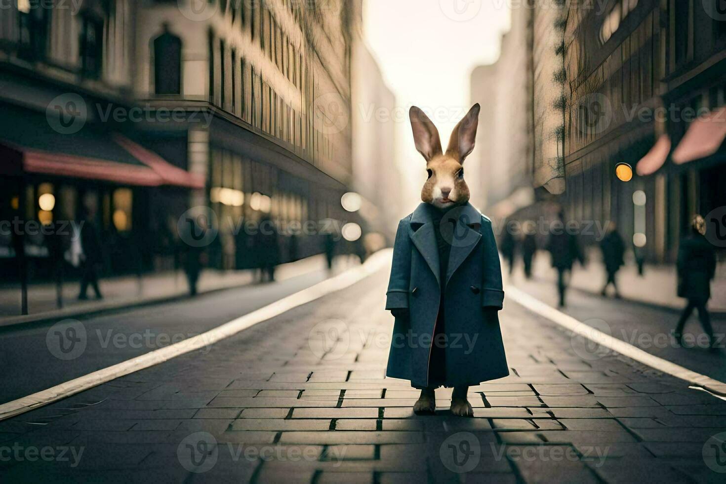 a rabbit in a coat standing on a street. AI-Generated photo