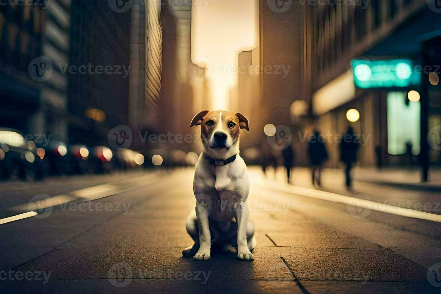 a dog sitting on the street in a city. AI-Generated photo