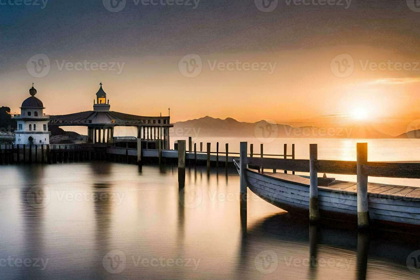 un barco atracado a el muelle a puesta de sol. generado por ai foto