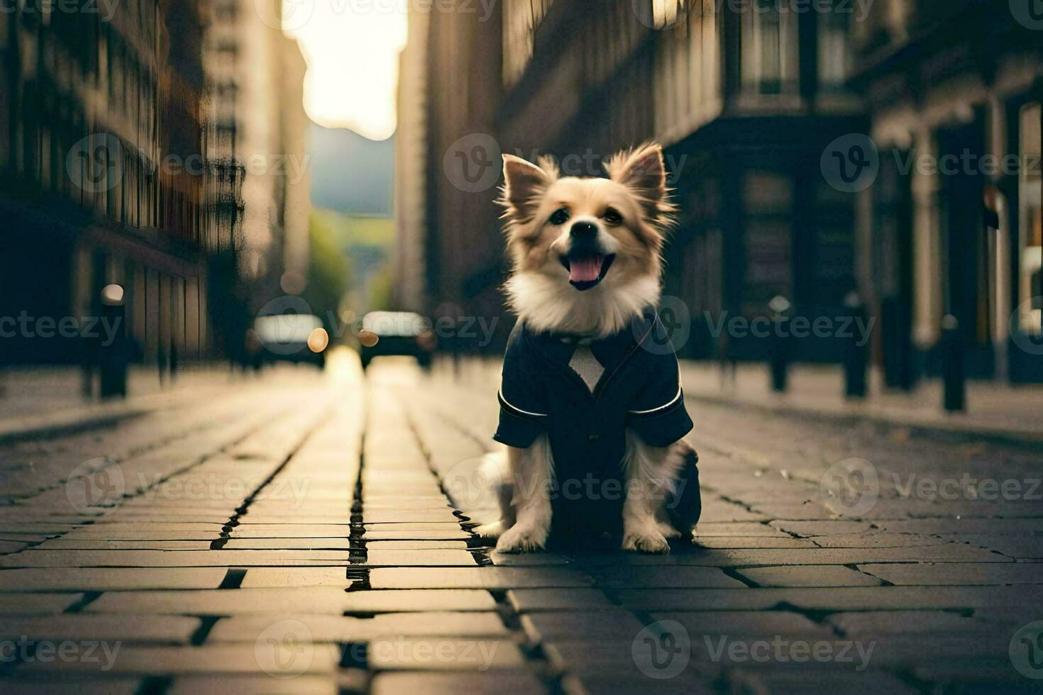 a dog wearing a suit sits on the street. AI-Generated photo