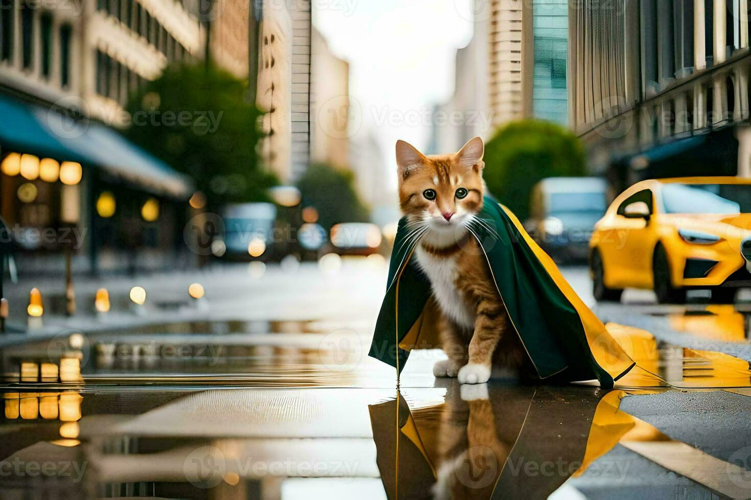 a cat wearing a cape on a rainy street. AI-Generated photo