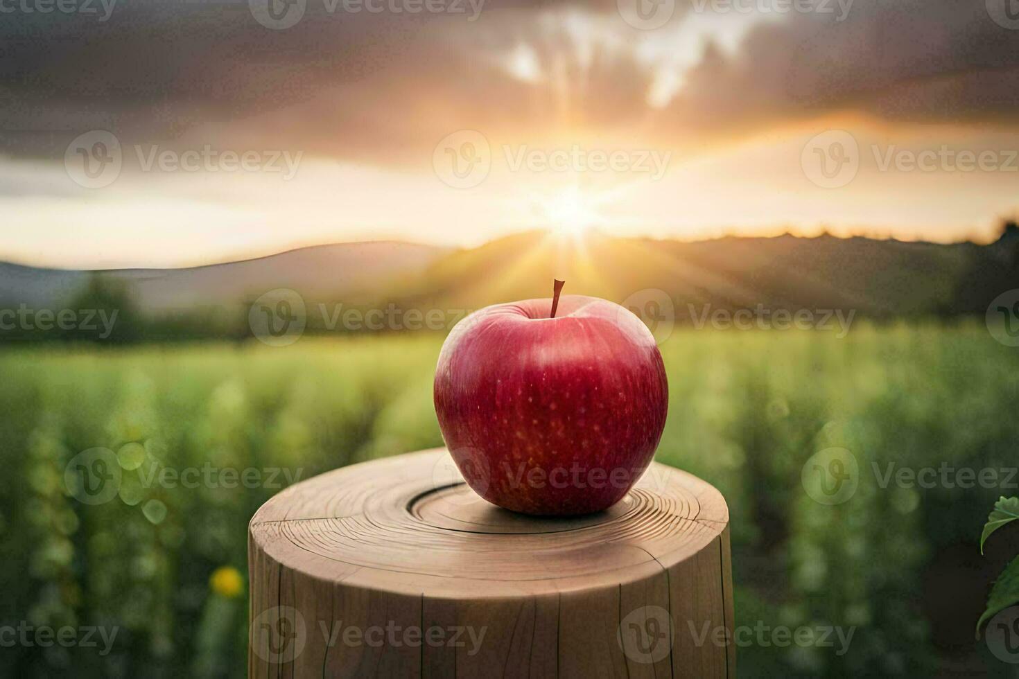 an apple sits on top of a stump in a field. AI-Generated photo