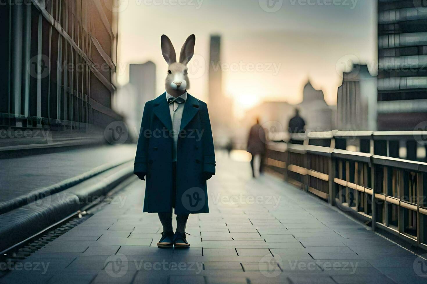 a rabbit wearing a coat and tie standing on a street. AI-Generated photo
