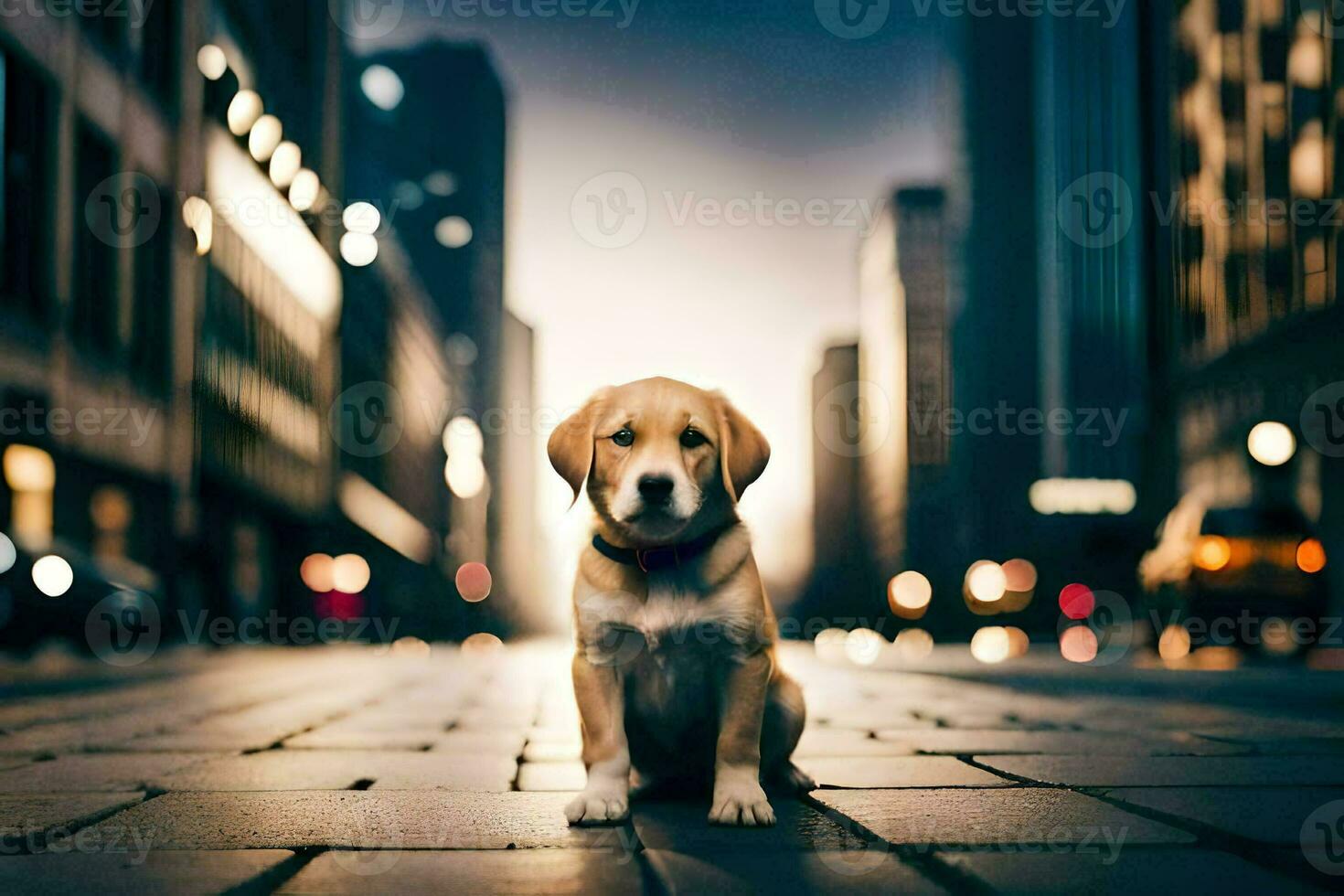 a puppy sits on the street in a city. AI-Generated photo