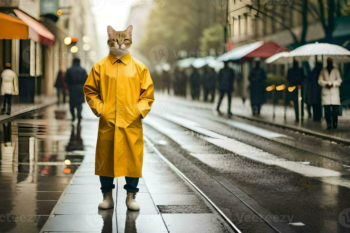 a cat wearing a yellow raincoat standing on a wet street. AI-Generated photo