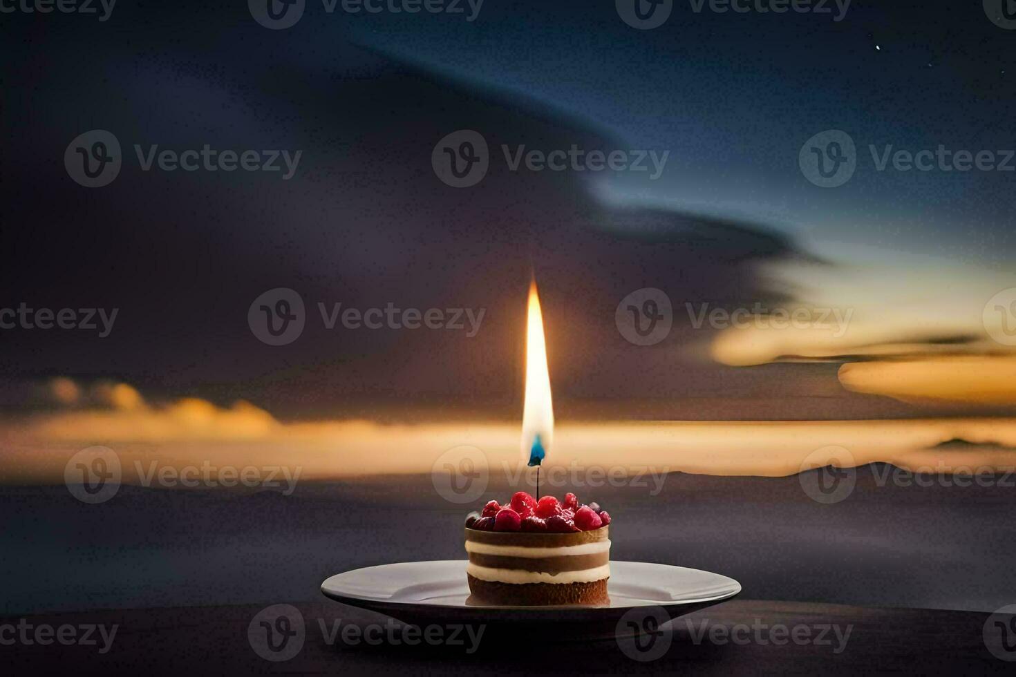 a single candle on a plate with a cake. AI-Generated photo