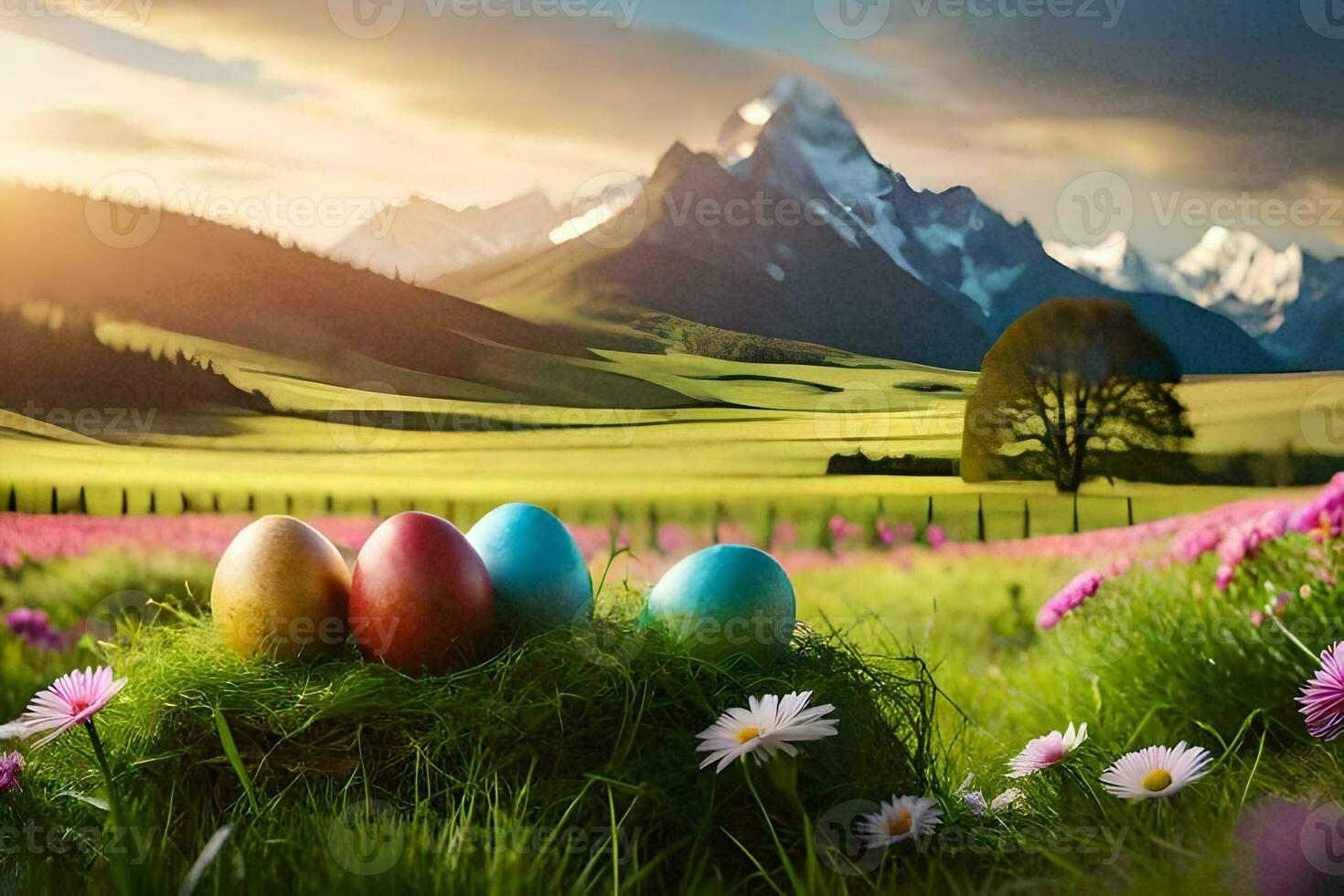 easter eggs in the meadow. AI-Generated photo