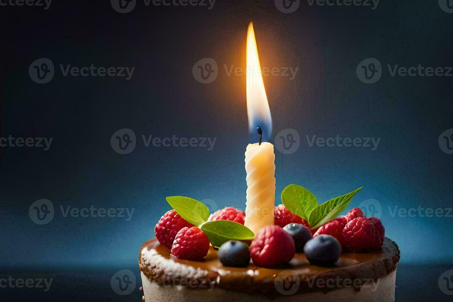 a birthday cake with a single candle. AI-Generated photo