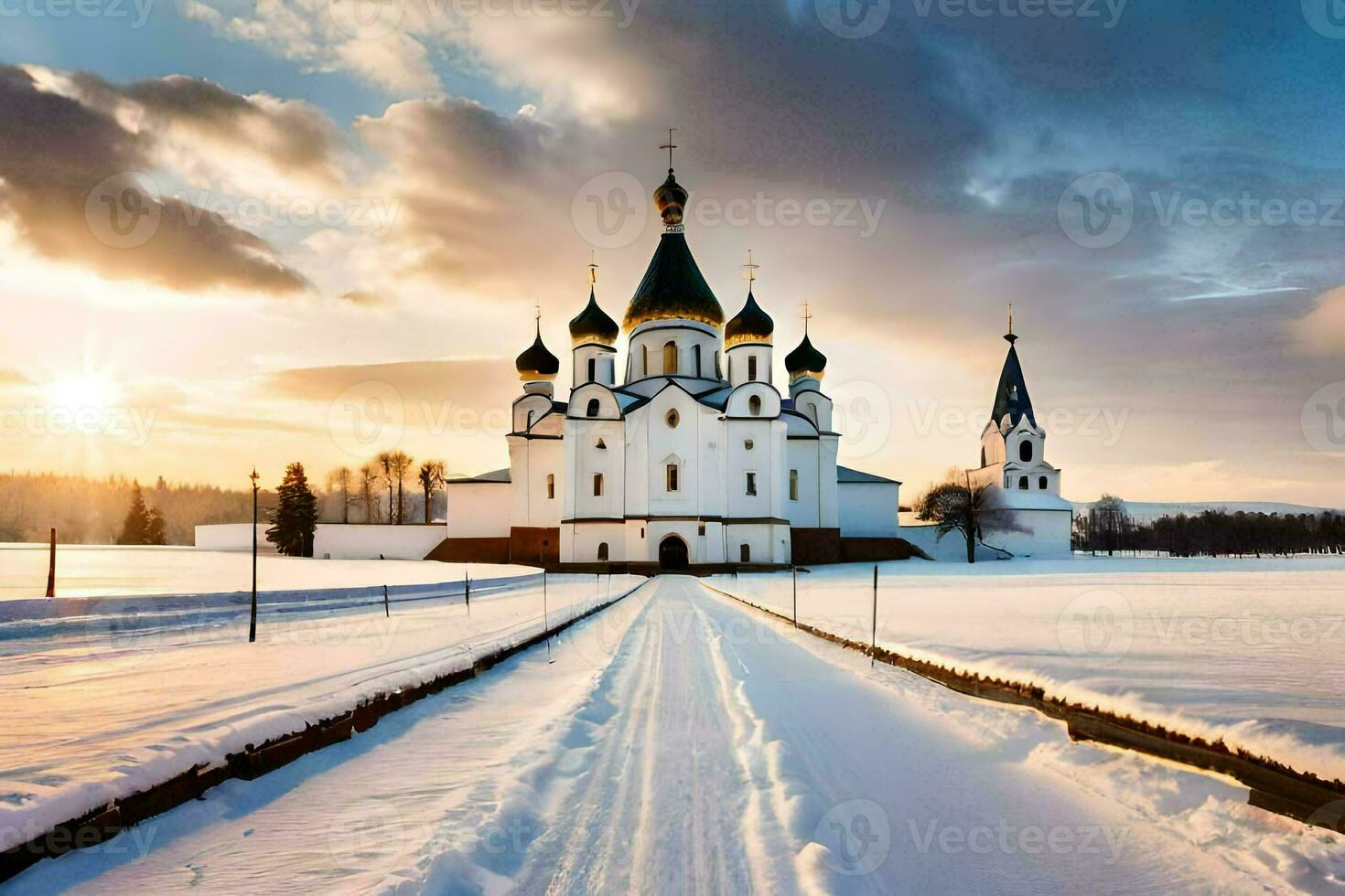 a church in the snow with a road leading to it. AI-Generated photo