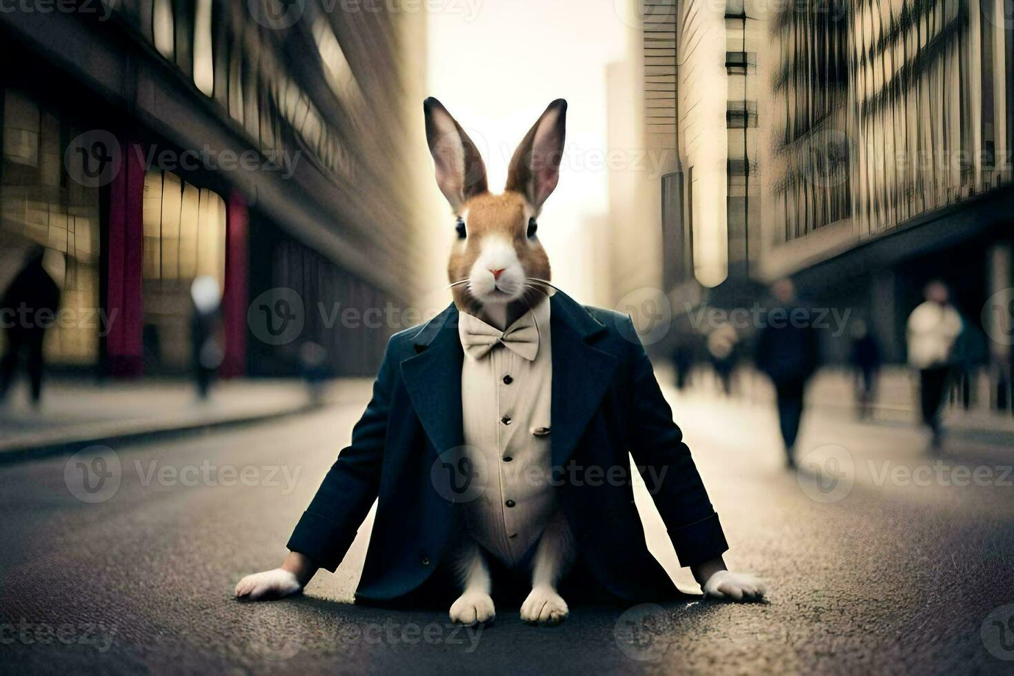 a rabbit dressed in a suit and tie sitting on the street. AI-Generated photo