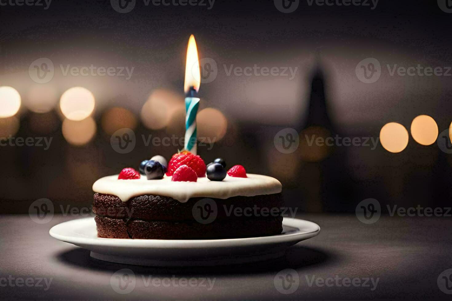 a birthday cake with a single candle on top. AI-Generated photo
