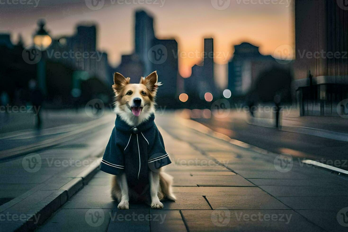 a dog wearing a coat sits on the street at sunset. AI-Generated photo