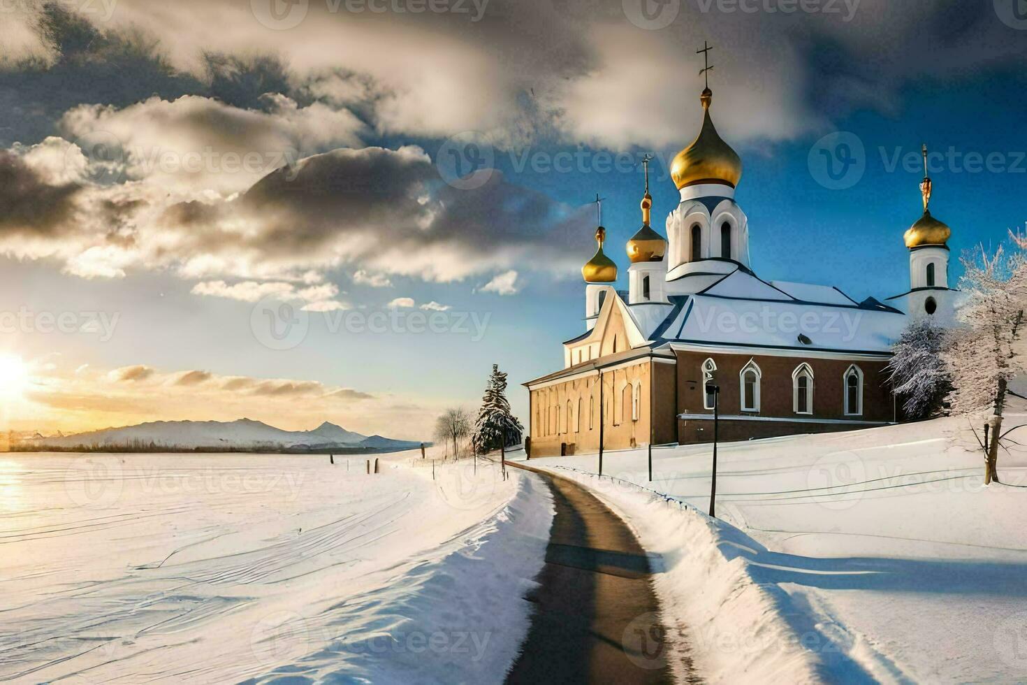 a church in the snow with a road leading to it. AI-Generated photo