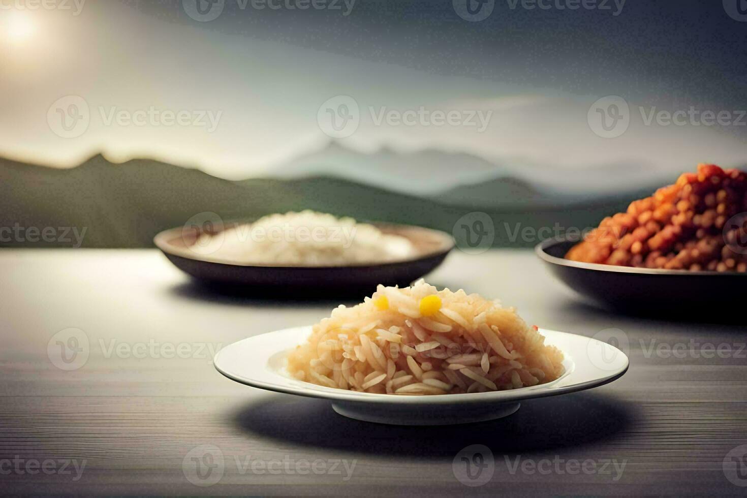three bowls of rice sit on a table with mountains in the background. AI-Generated photo