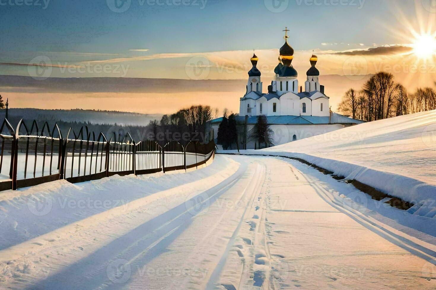 el Dom sube terminado un Nevado la carretera en frente de un iglesia. generado por ai foto