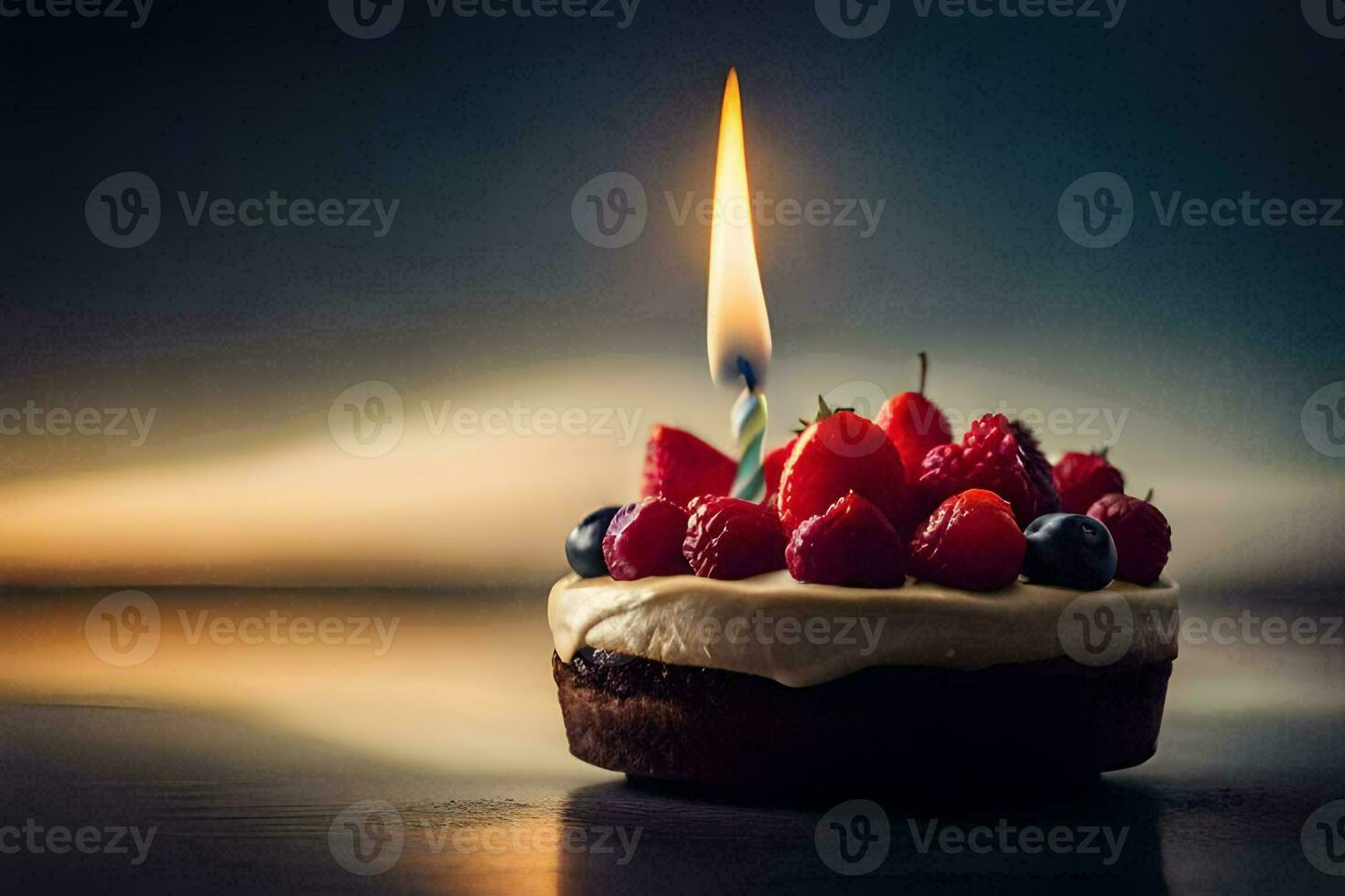 a birthday cake with a single candle. AI-Generated photo