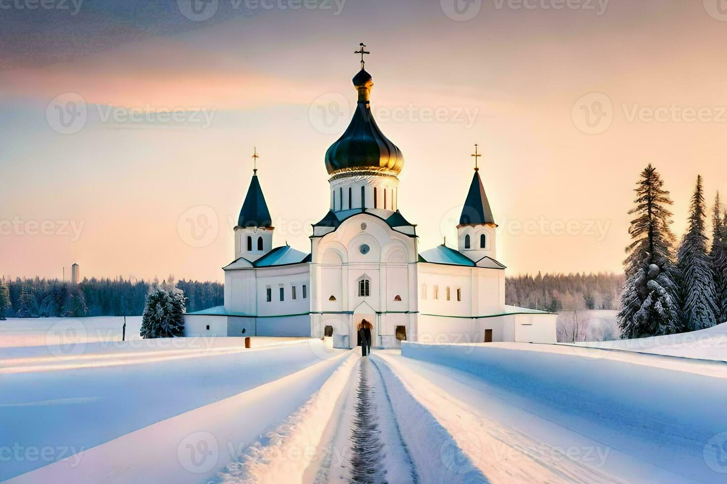 a church in the snow with trees and trees. AI-Generated photo