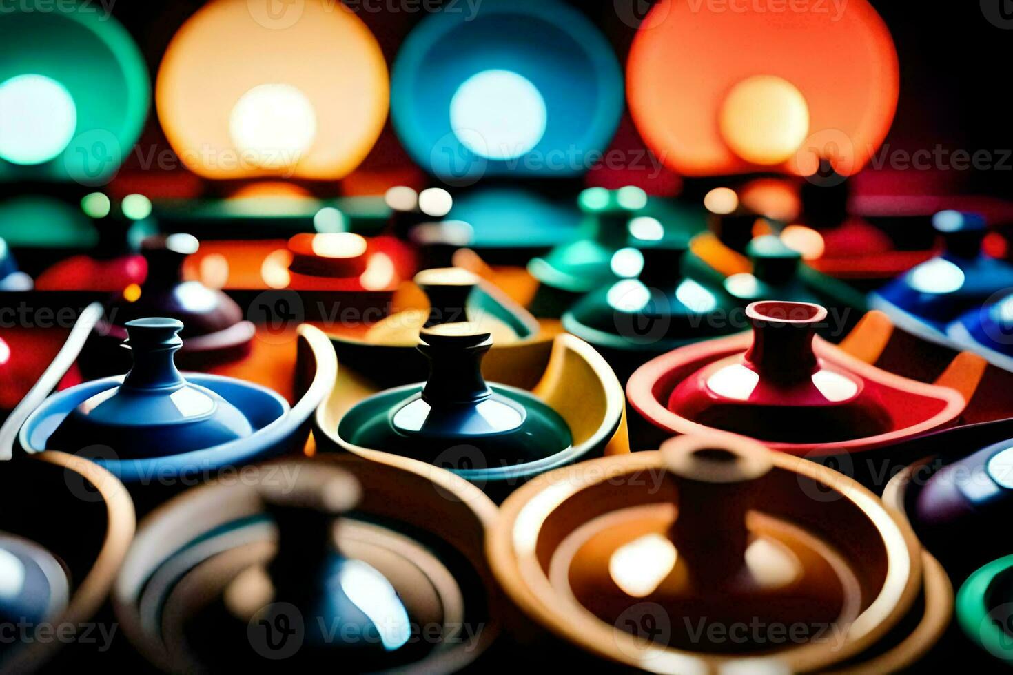 colorful bowls and vases are arranged in a row. AI-Generated photo