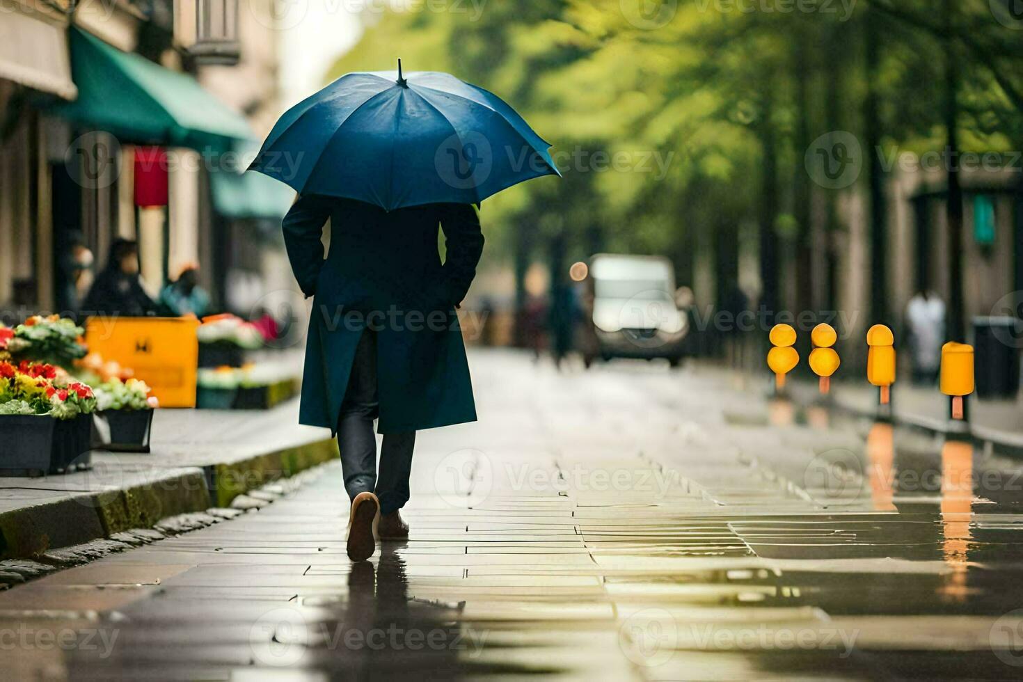 a person walking down a street with an umbrella. AI-Generated photo