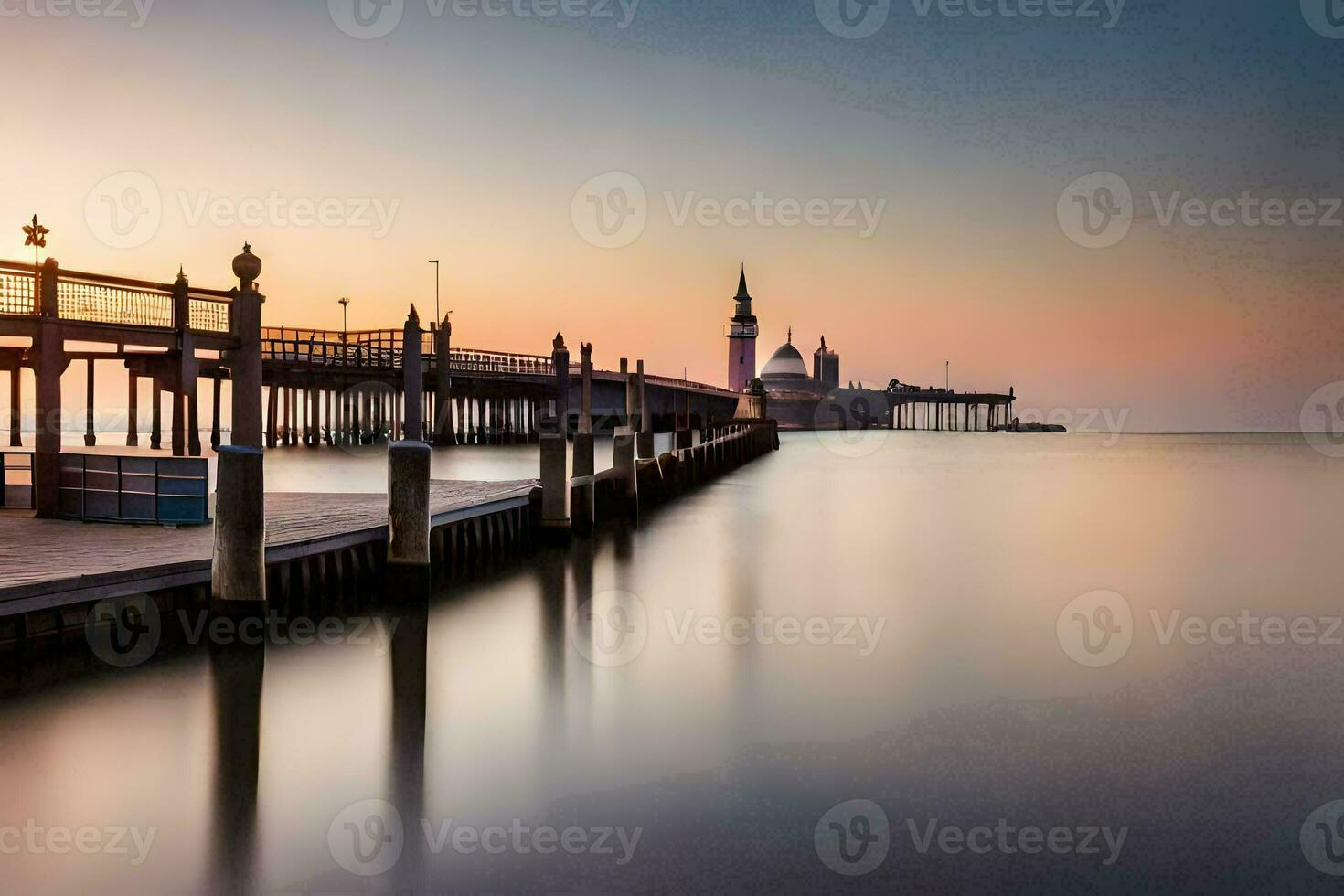 the pier at sunset in the background. AI-Generated photo