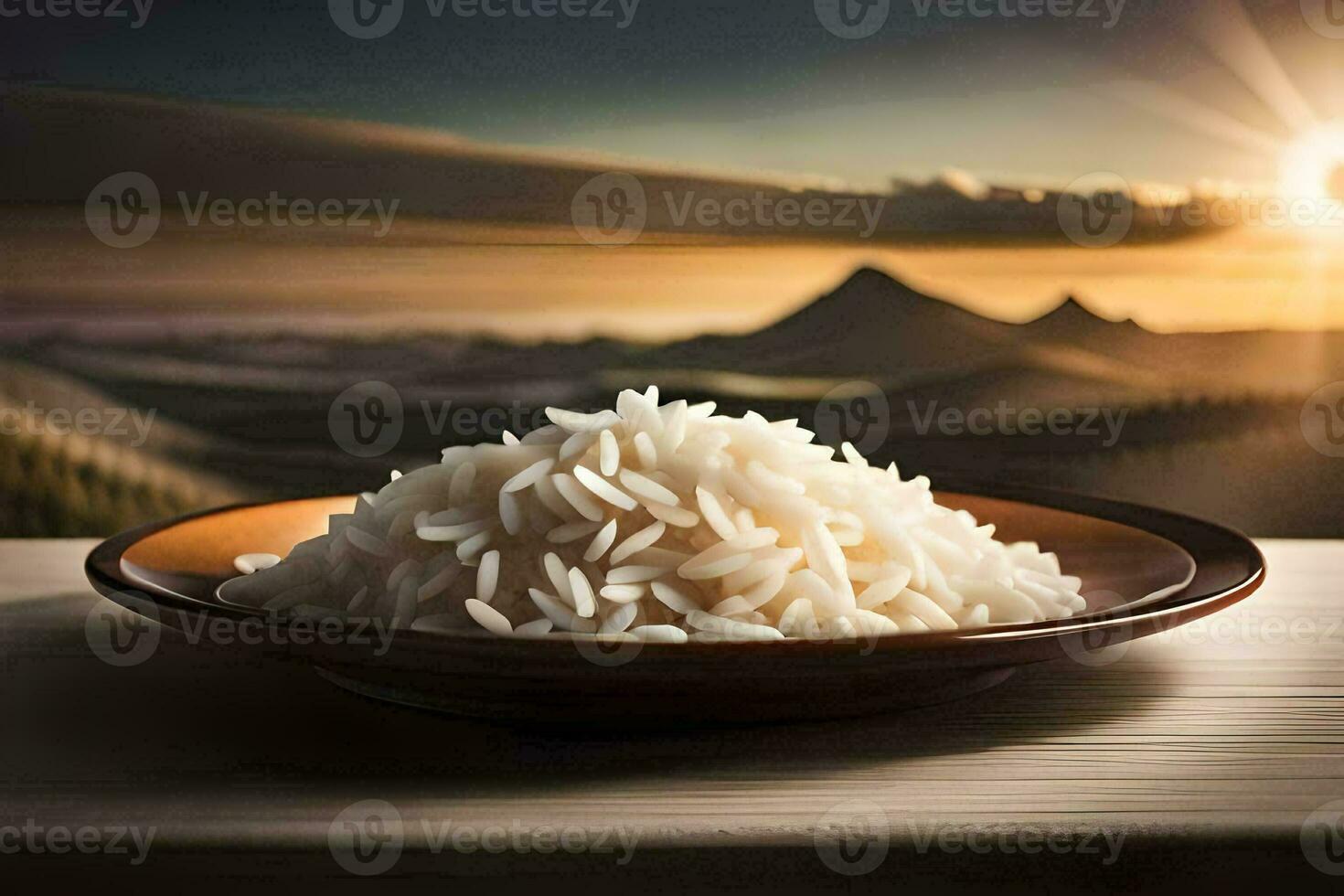 a bowl of rice on a table with the sun setting behind it. AI-Generated photo