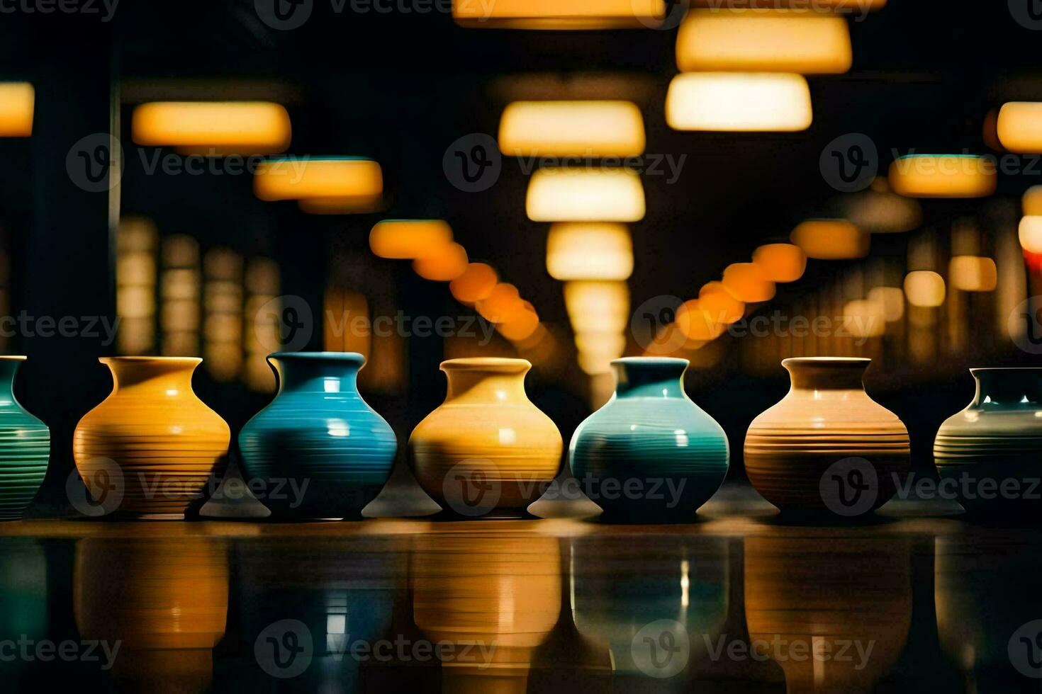 a row of vases lined up in a row. AI-Generated photo