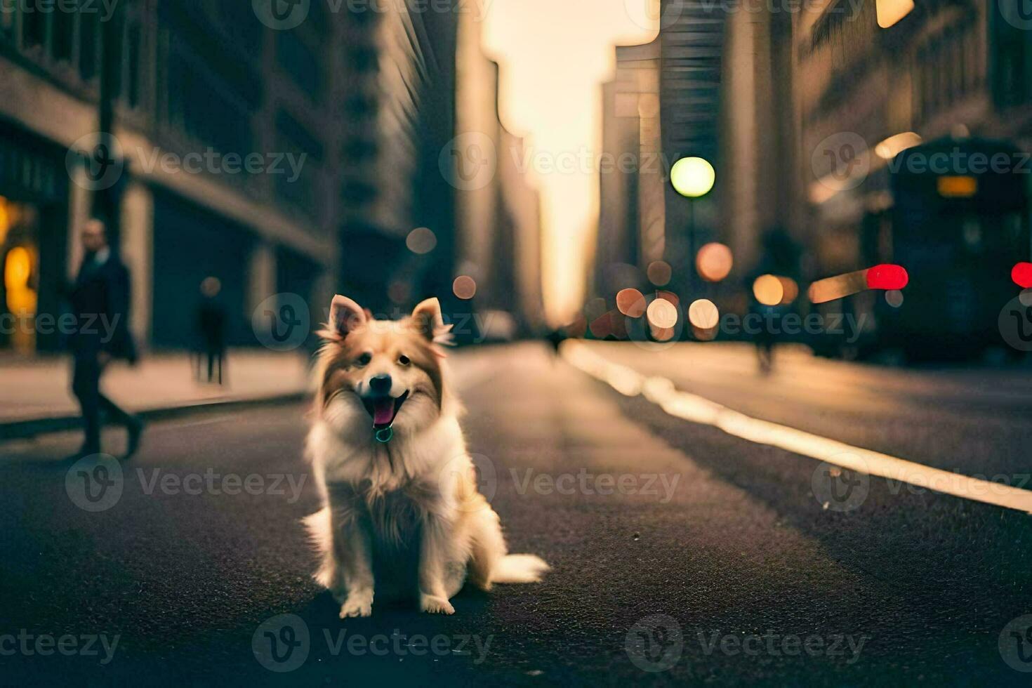 a dog sitting on the street in the middle of a city. AI-Generated photo
