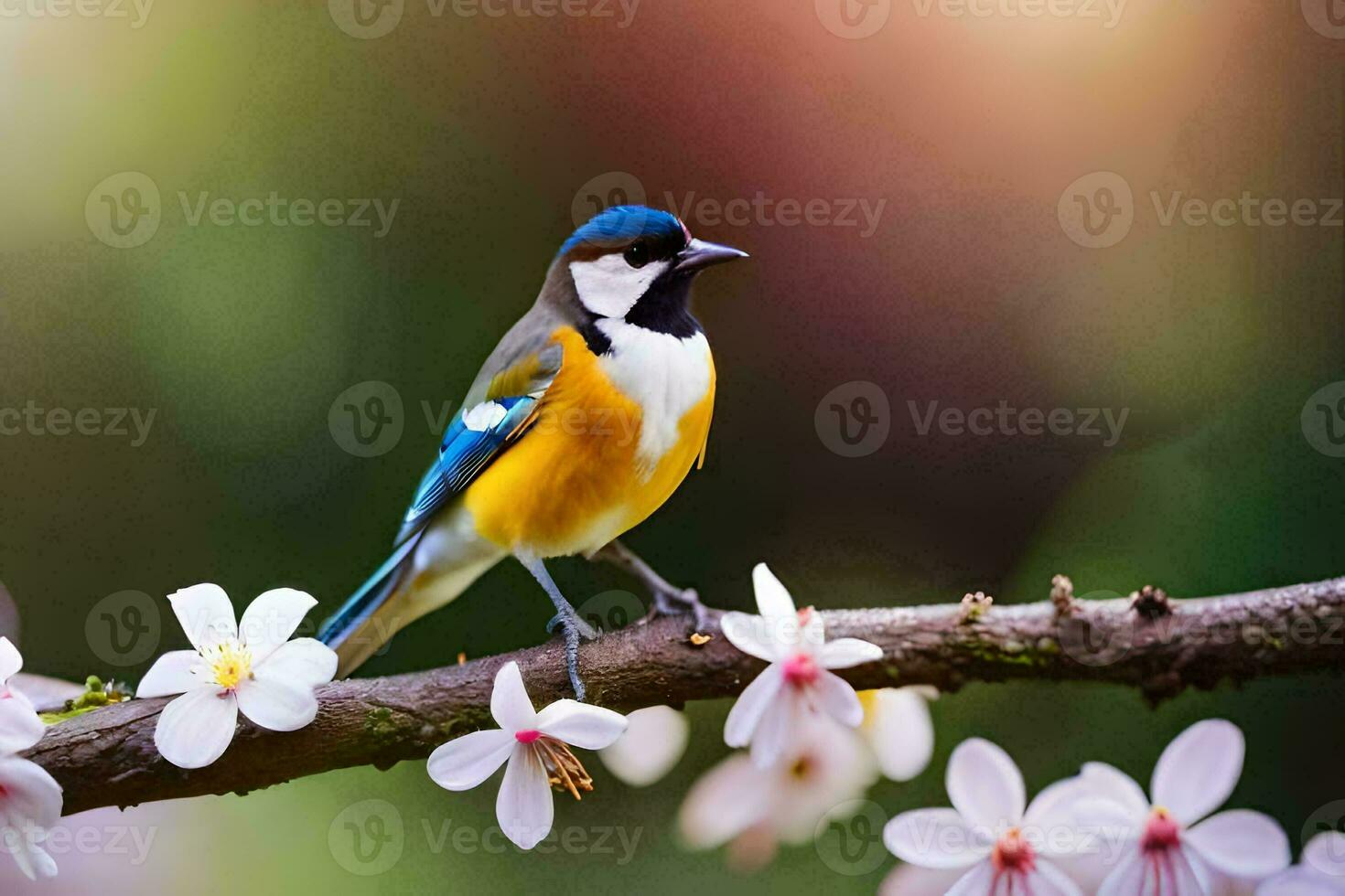 a bird sits on a branch with flowers. AI-Generated photo