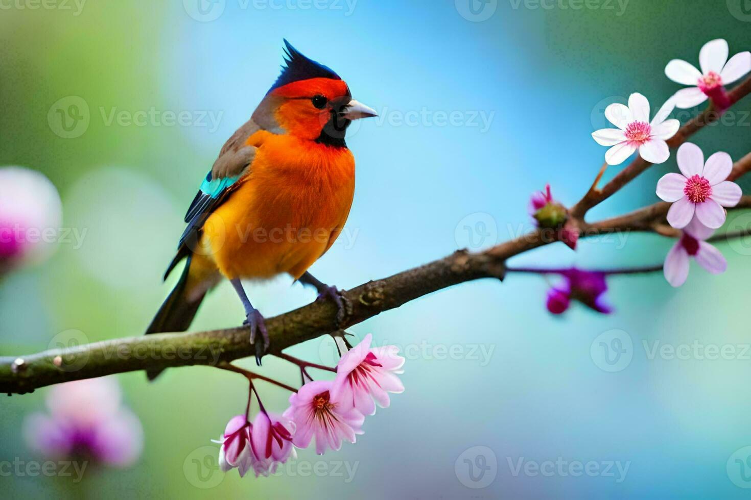 a colorful bird sits on a branch with pink flowers. AI-Generated photo