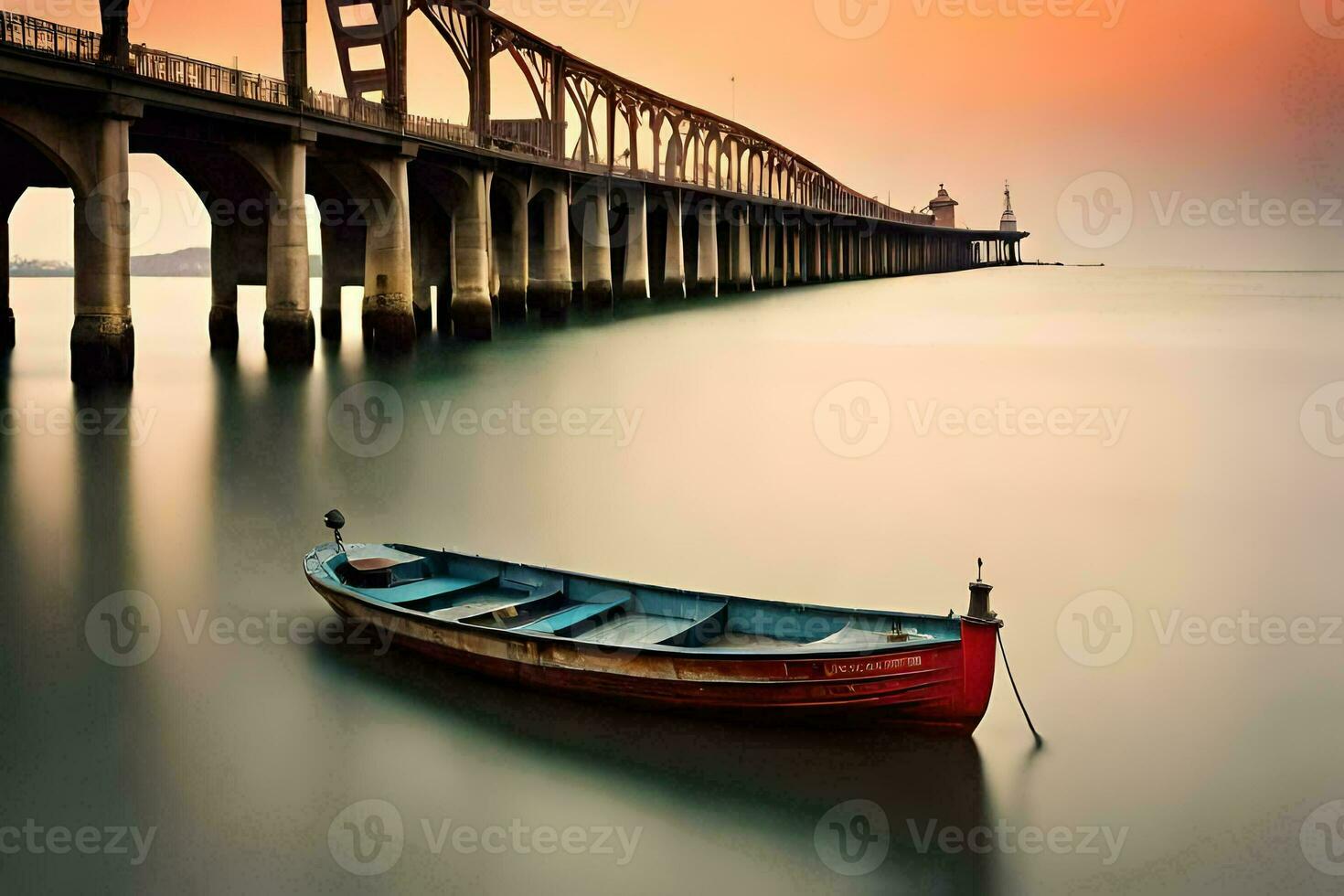 a boat sits in the water near a bridge. AI-Generated photo