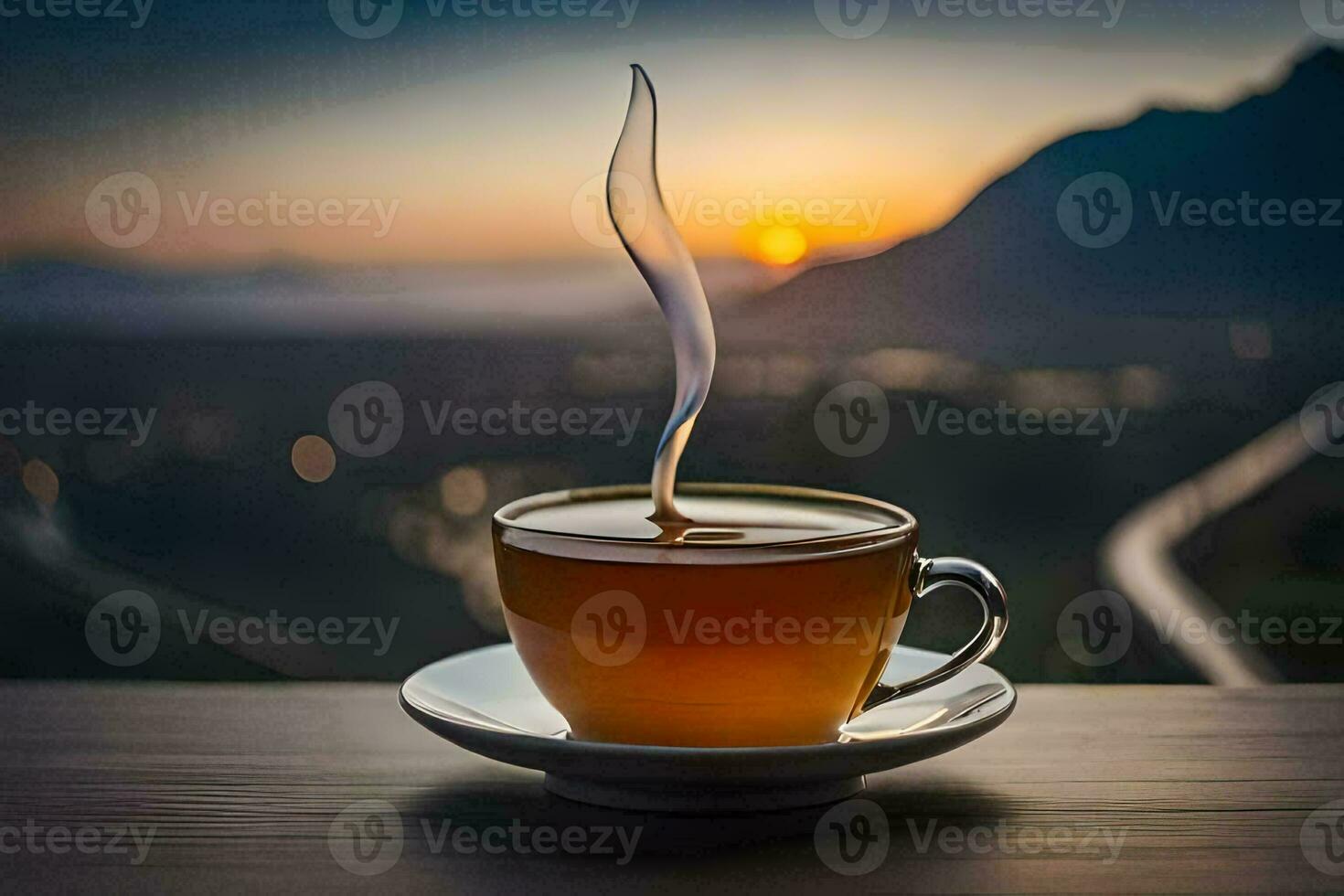 a cup of tea on a table in the evening. AI-Generated photo