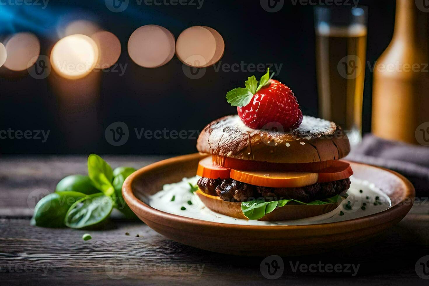 a hamburger with a strawberry on top. AI-Generated photo