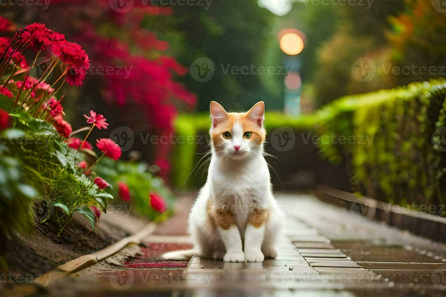 a cat sitting on a brick walkway in front of flowers. AI-Generated photo