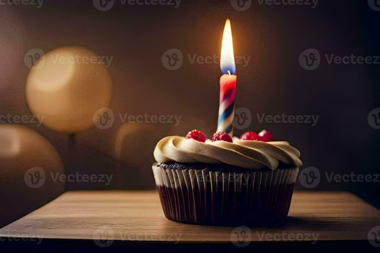 a cupcake with a single candle on top. AI-Generated photo