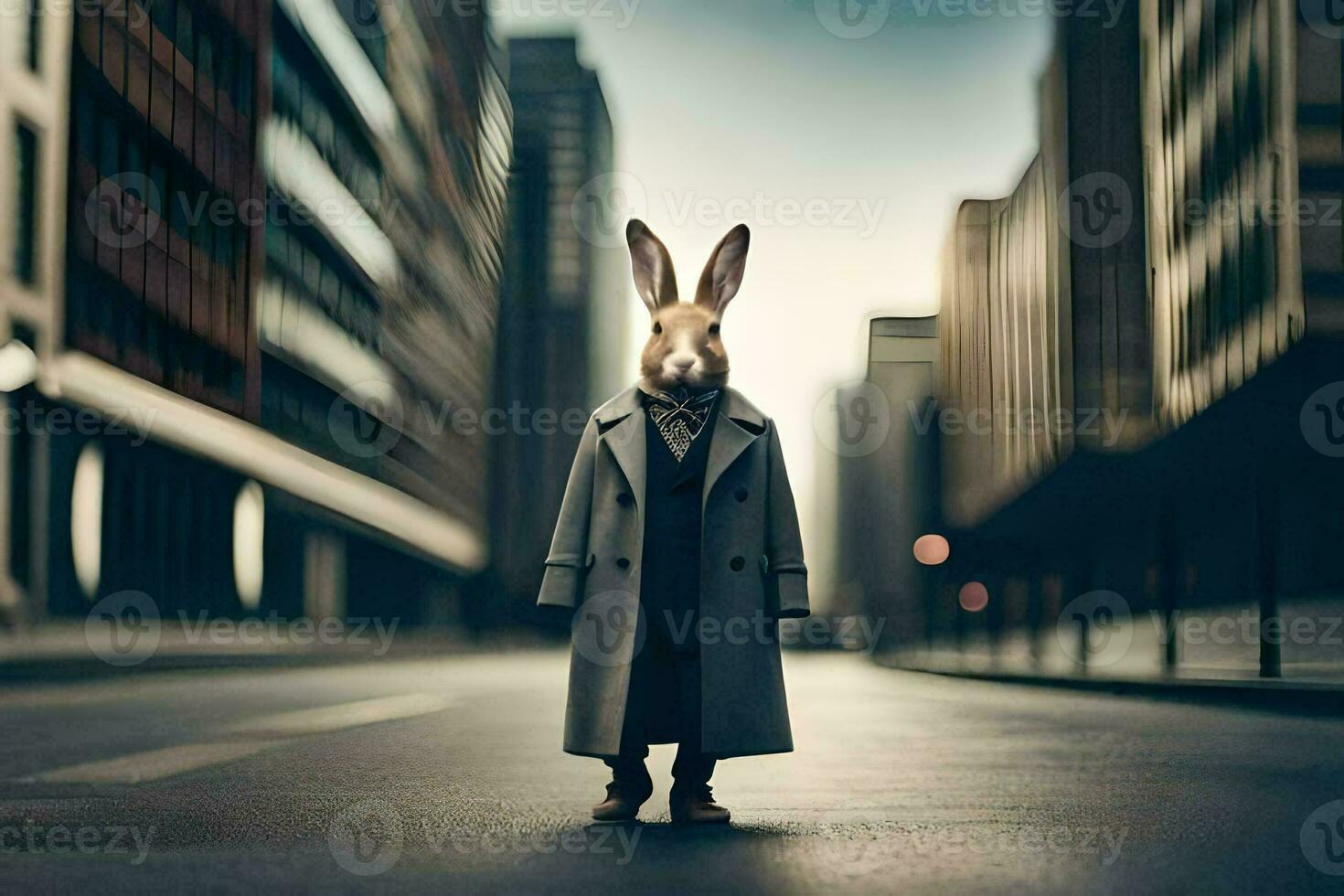 a rabbit wearing a coat and tie standing in the middle of a city street. AI-Generated photo