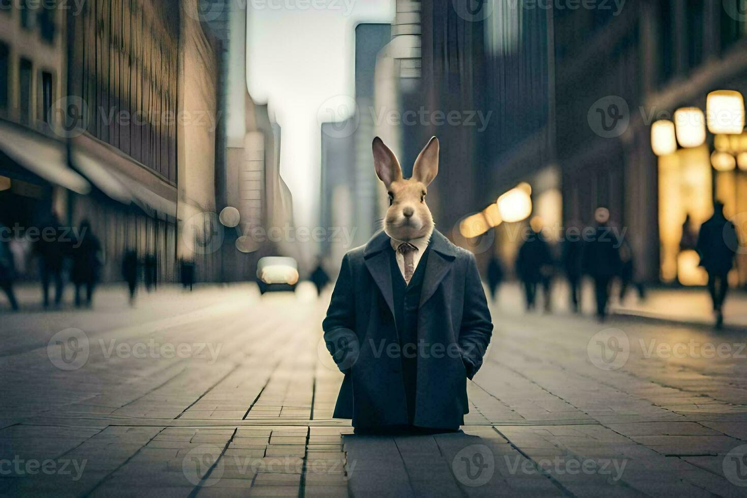 a rabbit wearing a suit and tie in the middle of a city street. AI-Generated photo