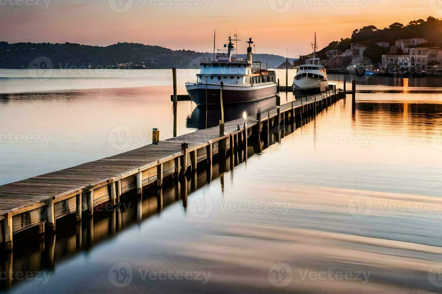 boats docked at the dock at sunset. AI-Generated photo