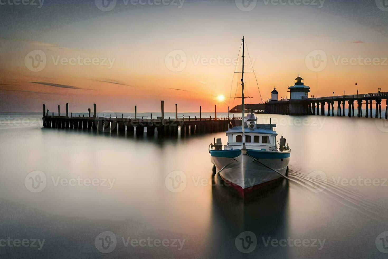 a boat is docked at the pier at sunset. AI-Generated photo