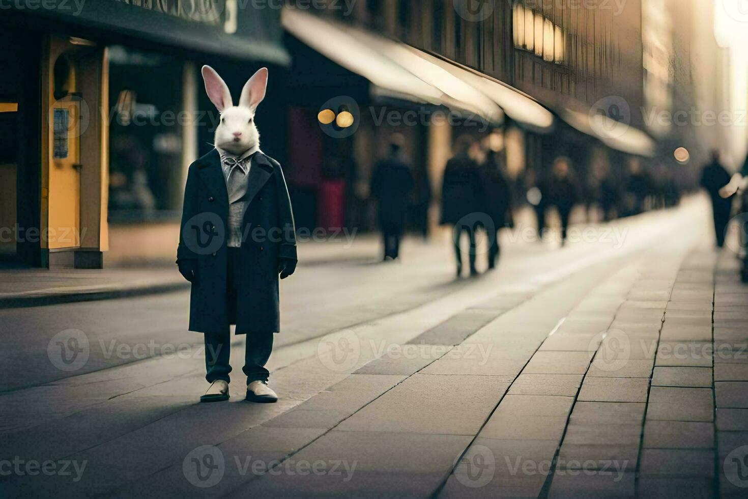 a rabbit wearing a suit and tie stands on a street. AI-Generated photo