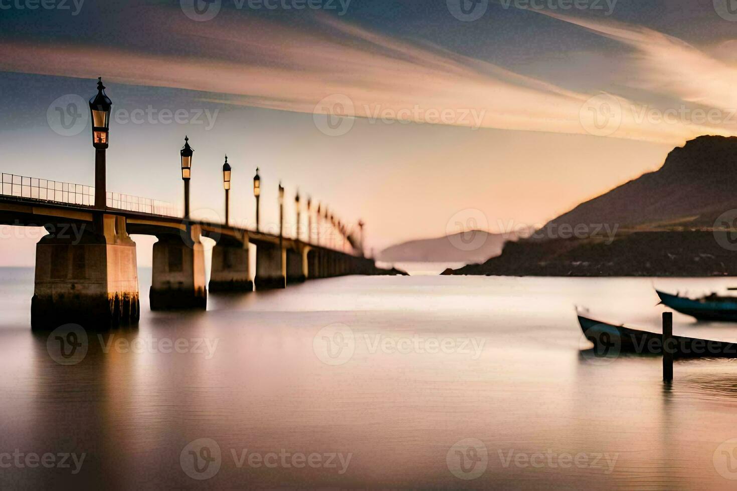 un puente terminado el Oceano con barcos en el agua. generado por ai foto