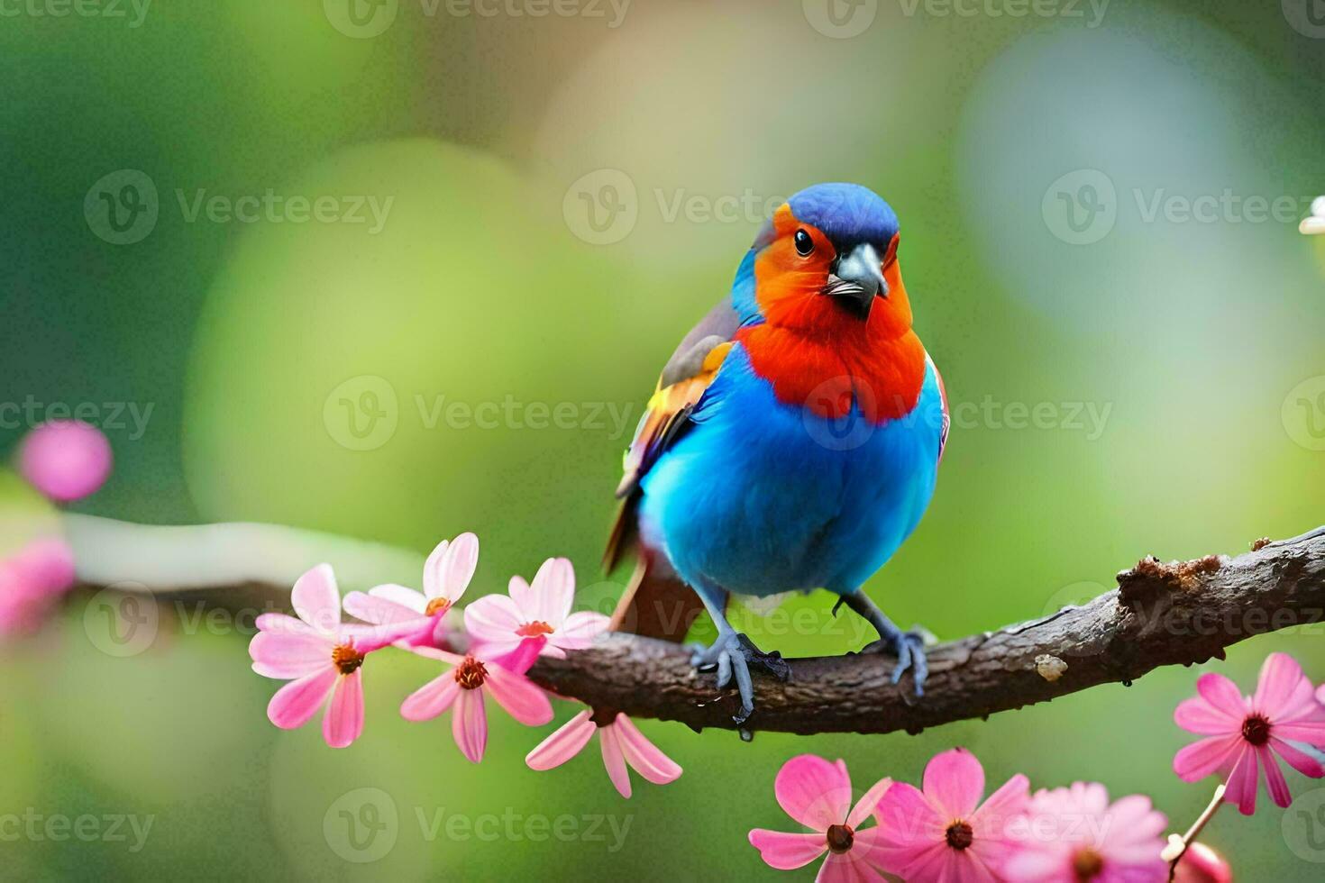 a colorful bird sits on a branch with pink flowers. AI-Generated photo
