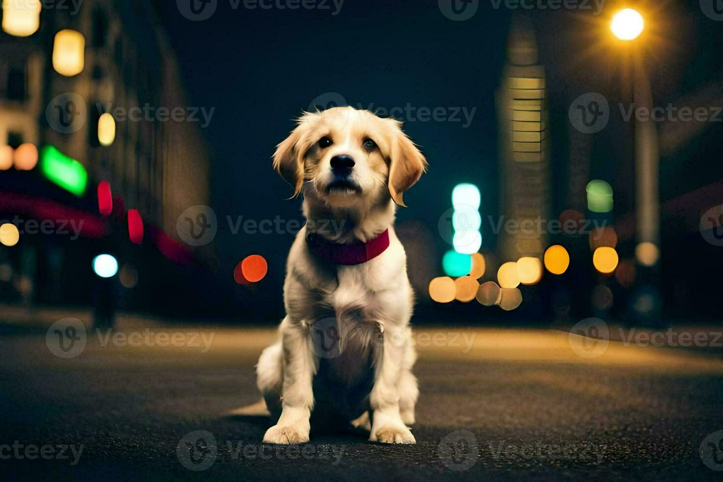 a dog sitting on the street at night. AI-Generated photo