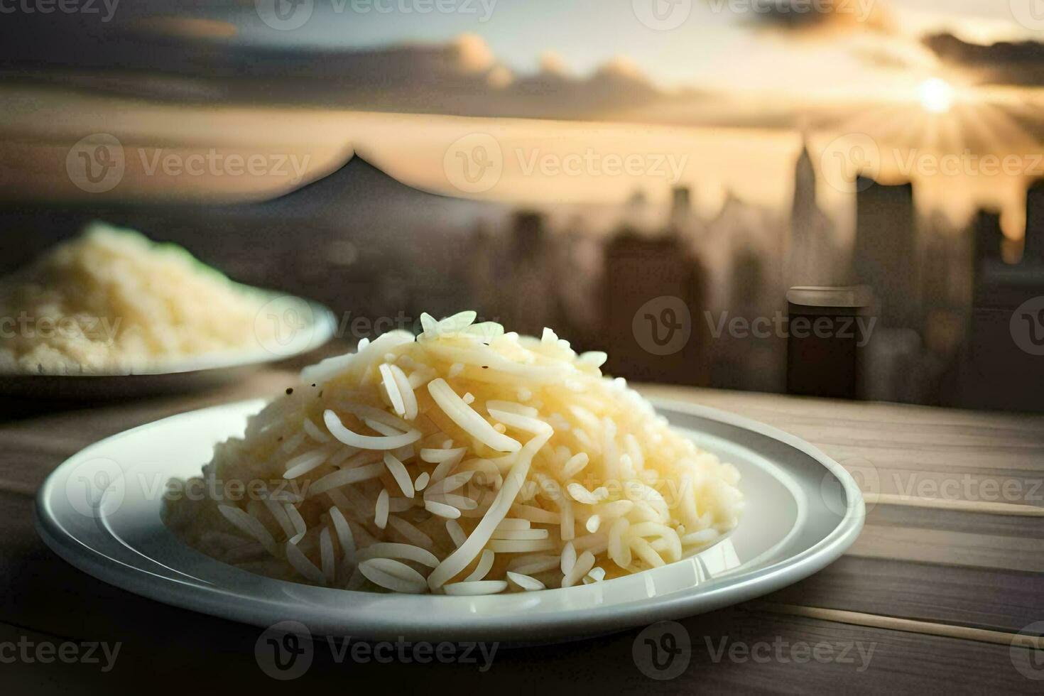 the rice is served on a plate with a view of the city. AI-Generated photo